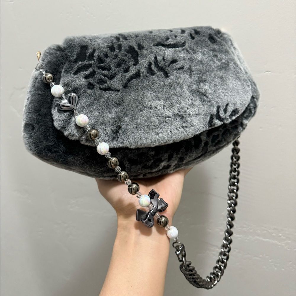 Gray Gradient Handmade Real Shearling Rose Embossed Shoulder Bag/Crossbody Bag